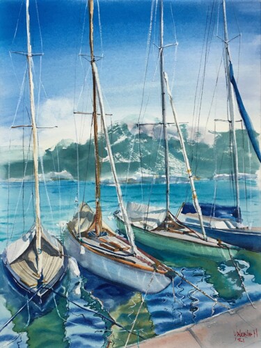 Картина под названием "Яхты на причале" - Валентина Мороз, Подлинное произведение искусства, Акварель