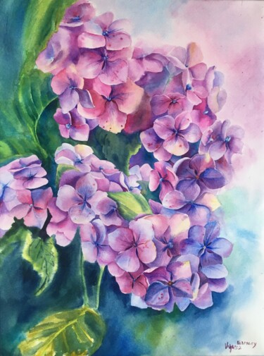 Painting titled "hydrangea during war" by Valentina Moroz, Original Artwork, Watercolor