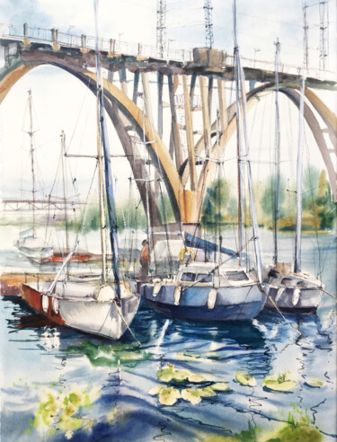 Pittura intitolato "Лодки под мостом в…" da Valentina Moroz, Opera d'arte originale, Acquarello