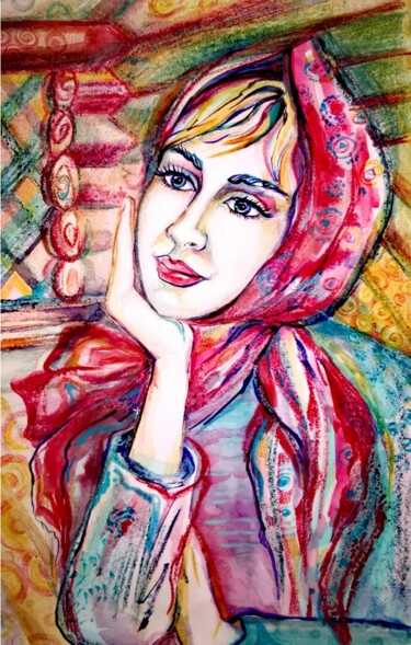 Drawing titled "Girl at the window" by Volha Trus, Original Artwork, Watercolor