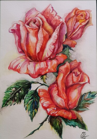 Painting titled "Red roses" by Volha Trus, Original Artwork, Watercolor