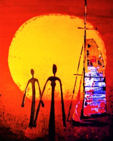 Painting titled ""sundowners" walkin…" by Volkmar Wischnewski, Original Artwork, Acrylic Mounted on Wood Stretcher frame