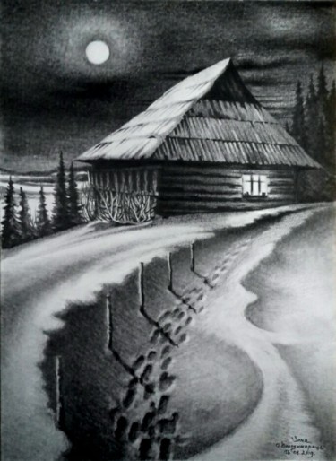 Dessin intitulée "Winter night" par Oleksandr Volodymyrets, Œuvre d'art originale, Crayon