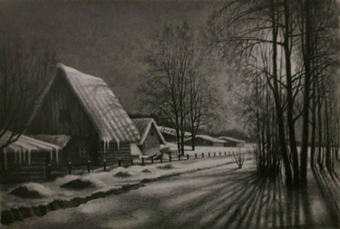 Drawing titled "Winter night 3" by Oleksandr Volodymyrets, Original Artwork, Graphite