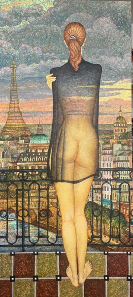 Painting titled "FENÊTRE SUR PARIS.…" by Volodia Popov-Massiaguine, Original Artwork, Acrylic Mounted on Wood Stretcher frame