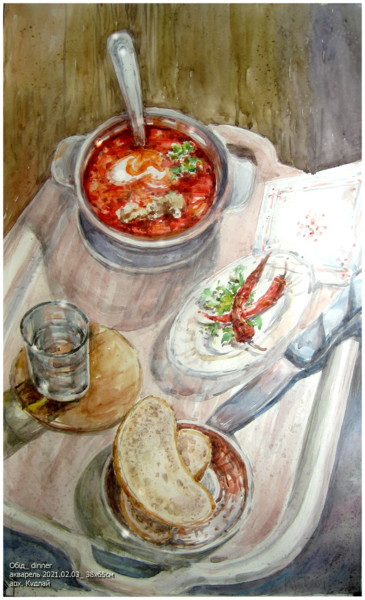 Schilderij getiteld "Обід_ dinner _аквар…" door Volodimir Kudlai, Origineel Kunstwerk, Aquarel