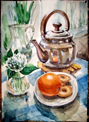 「Натюрморт c апельси…」というタイトルの絵画 Володимир Кудлайによって, オリジナルのアートワーク, 水彩画