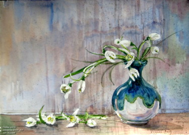 Картина под названием "Перші квіти" - Володимир Кудлай, Подлинное произведение искусства, Акварель