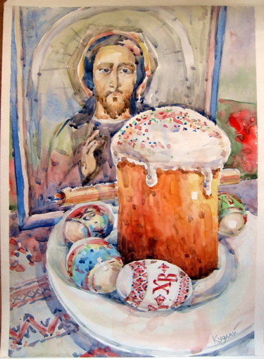 Картина под названием "Пасха" - Володимир Кудлай, Подлинное произведение искусства, Акварель