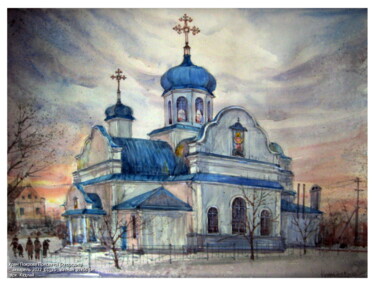 Painting titled "Храм Покрова Пресвя…" by Volodimir Kudlai, Original Artwork, Watercolor