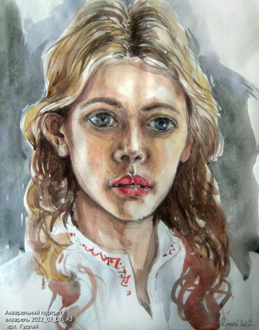 Painting titled "Акварельний портрет" by Volodimir Kudlai, Original Artwork, Watercolor