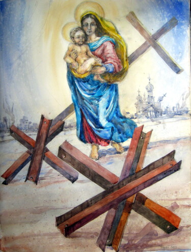 Painting titled "Залізні хрести" by Volodimir Kudlai, Original Artwork, Watercolor
