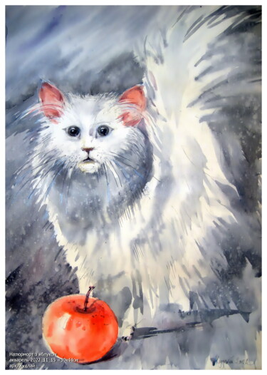 「Натюрморт з яблуком」というタイトルの絵画 Володимир Кудлайによって, オリジナルのアートワーク, 水彩画