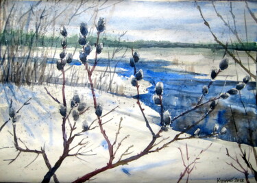 Malerei mit dem Titel "Весняний пейзаж" von Volodimir Kudlai, Original-Kunstwerk, Aquarell