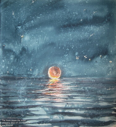 Malerei mit dem Titel "The Moon kisses the…" von Volodimir Kudlai, Original-Kunstwerk, Aquarell