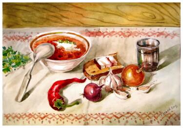 Картина под названием "Натюрморт с мискою…" - Володимир Кудлай, Подлинное произведение искусства, Акварель