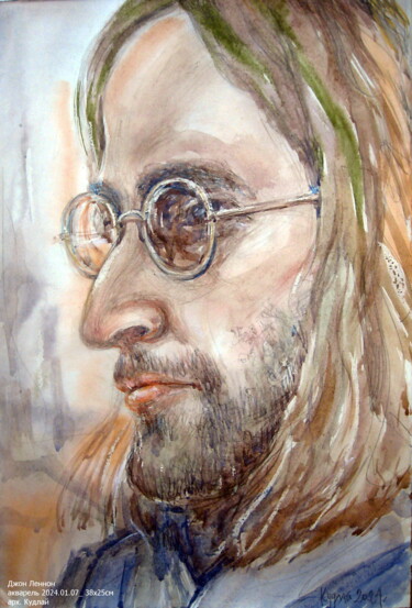 Schilderij getiteld "Джон Леннон" door Volodimir Kudlai, Origineel Kunstwerk, Aquarel