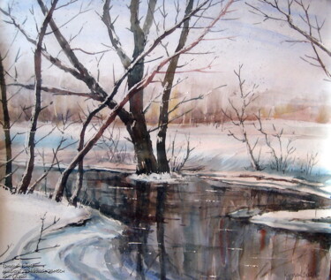 Pintura intitulada "Тривожна зима" por Volodimir Kudlai, Obras de arte originais, Aquarela