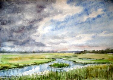 Картина под названием "Хмарки над плавнями" - Володимир Кудлай, Подлинное произведение искусства, Акварель