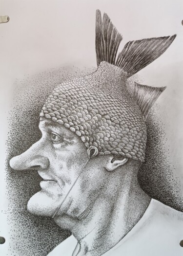 Dibujo titulada "Fisherman" por Volodimir Moldavskyi, Obra de arte original, Tinta