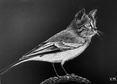 Drawing titled "Catbird" by Volodimir Moldavskyi, Original Artwork, Gel pen