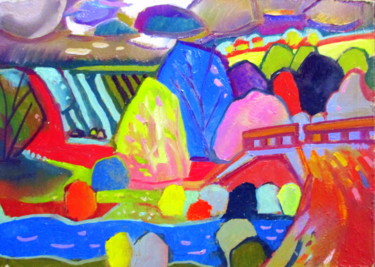 Картина под названием "пейзаж с мостом чер…" - Владимир Черемных, Подлинное произведение искусства, Масло