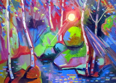 Картина под названием "вечер в березовом л…" - Владимир Черемных, Подлинное произведение искусства, Масло