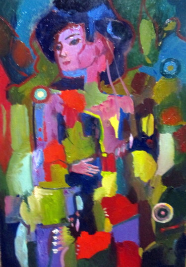 Картина под названием "девушка в цветном..…" - Владимир Черемных, Подлинное произведение искусства, Масло