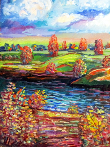 Картина под названием "осень на реке молог…" - Владимир Черемных, Подлинное произведение искусства, Масло