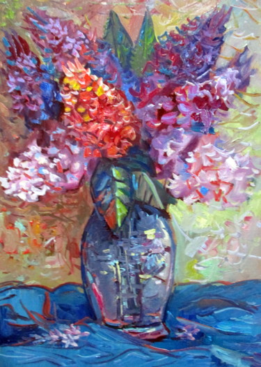 Картина под названием "ваза с цветами сире…" - Владимир Черемных, Подлинное произведение искусства, Масло