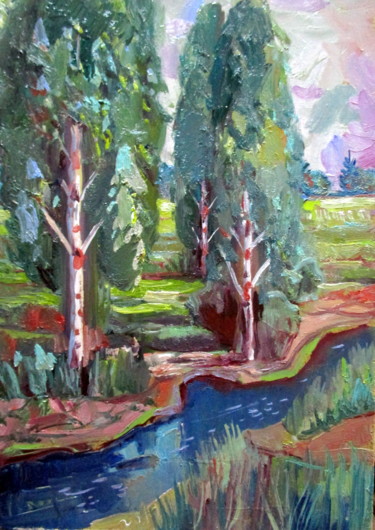 Картина под названием "летний пейзаж с тре…" - Владимир Черемных, Подлинное произведение искусства, Масло
