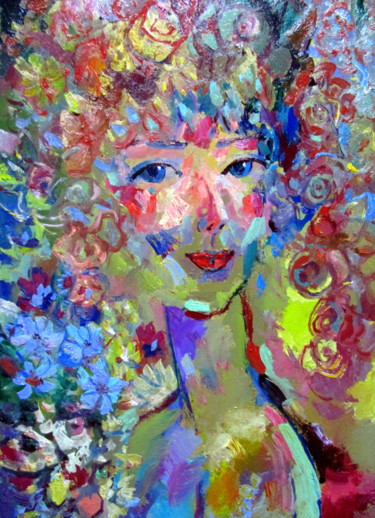 Картина под названием "портрет девушки в ц…" - Владимир Черемных, Подлинное произведение искусства, Масло
