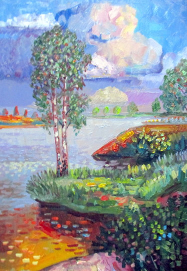 Картина под названием "пейзаж с двумя бере…" - Владимир Черемных, Подлинное произведение искусства, Масло