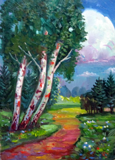 Painting titled "этюд с 3-мя березам…" by Vladimir Cheremnykh, Original Artwork, Oil