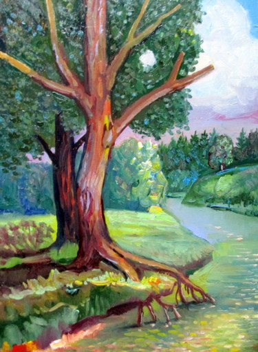 Картина под названием "пейзаж с сухим дере…" - Владимир Черемных, Подлинное произведение искусства, Масло