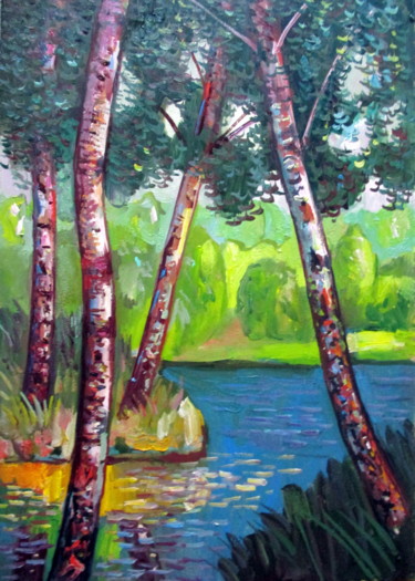 Картина под названием "пейзаж-четыре березы" - Владимир Черемных, Подлинное произведение искусства, Масло