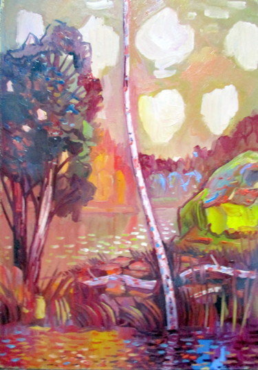 Картина под названием "пейзаж с одинокой б…" - Владимир Черемных, Подлинное произведение искусства, Масло