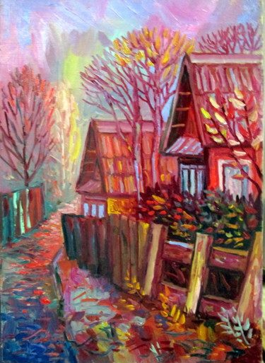Картина под названием "пейзаж с деревенско…" - Владимир Черемных, Подлинное произведение искусства, Масло