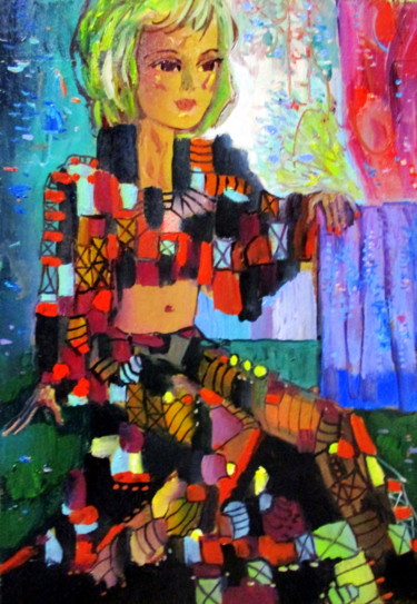 Картина под названием "позирующая в модном…" - Владимир Черемных, Подлинное произведение искусства, Масло