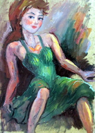 Pittura intitolato "девушка в зеленом с…" da Vladimir Cheremnykh, Opera d'arte originale, Olio