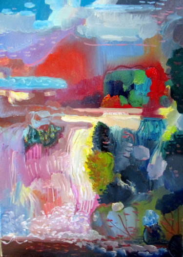 Картина под названием "пейзаж с водопадом" - Владимир Черемных, Подлинное произведение искусства, Масло