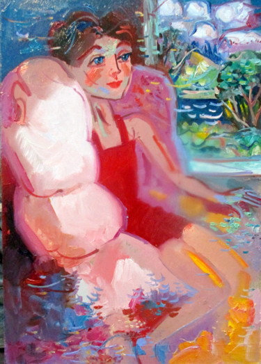 Peinture intitulée "девочка, сидящая у…" par Vladimir Cheremnykh, Œuvre d'art originale, Huile