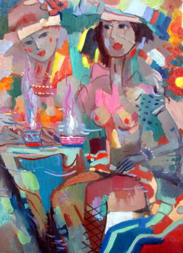 Peinture intitulée "чаепитие в кафе...-…" par Vladimir Cheremnykh, Œuvre d'art originale, Huile