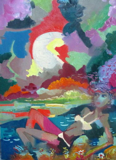 Картина под названием "на берегу-35х25" - Владимир Черемных, Подлинное произведение искусства, Масло