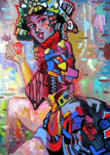 Pintura titulada "девушка с яблоком..…" por Vladimir Cheremnykh, Obra de arte original, Oleo
