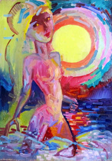 Картина под названием "=купание при закате…" - Владимир Черемных, Подлинное произведение искусства, Масло