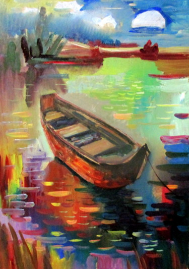 Pittura intitolato "пейзаж с  лодкой-00…" da Vladimir Cheremnykh, Opera d'arte originale, Olio