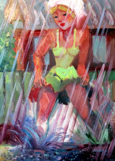 Картина под названием "идущая под дождем..." - Владимир Черемных, Подлинное произведение искусства, Масло
