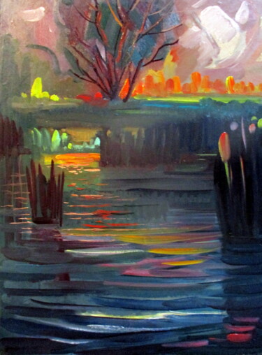 Картина под названием "вечер в заливе" - Владимир Черемных, Подлинное произведение искусства, Масло