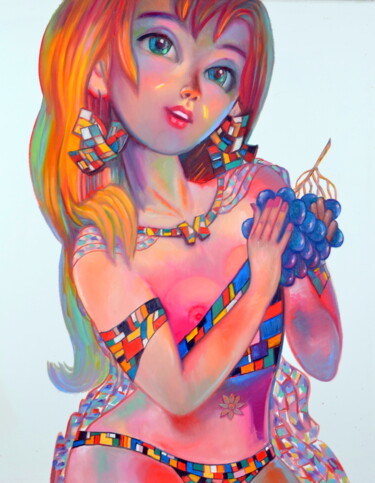 Картина под названием "девочка с  виноград…" - Владимир Черемных, Подлинное произведение искусства, Масло
